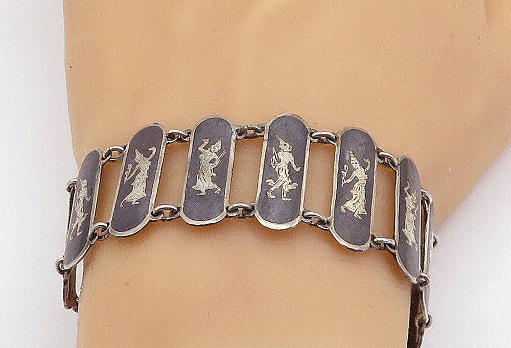 SIAM 925 Sterling Silver  Vintage Black Niello Dancer Chain Bracelet  BT2692