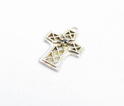 925 Sterling Silver  Vintage Sapphire Shiny Religious Cross Pendant  PT3668
