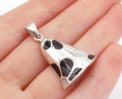 925 Sterling Silver  Black Onyx & Mother Of Pearl Floral Bell Pendant  PT6018