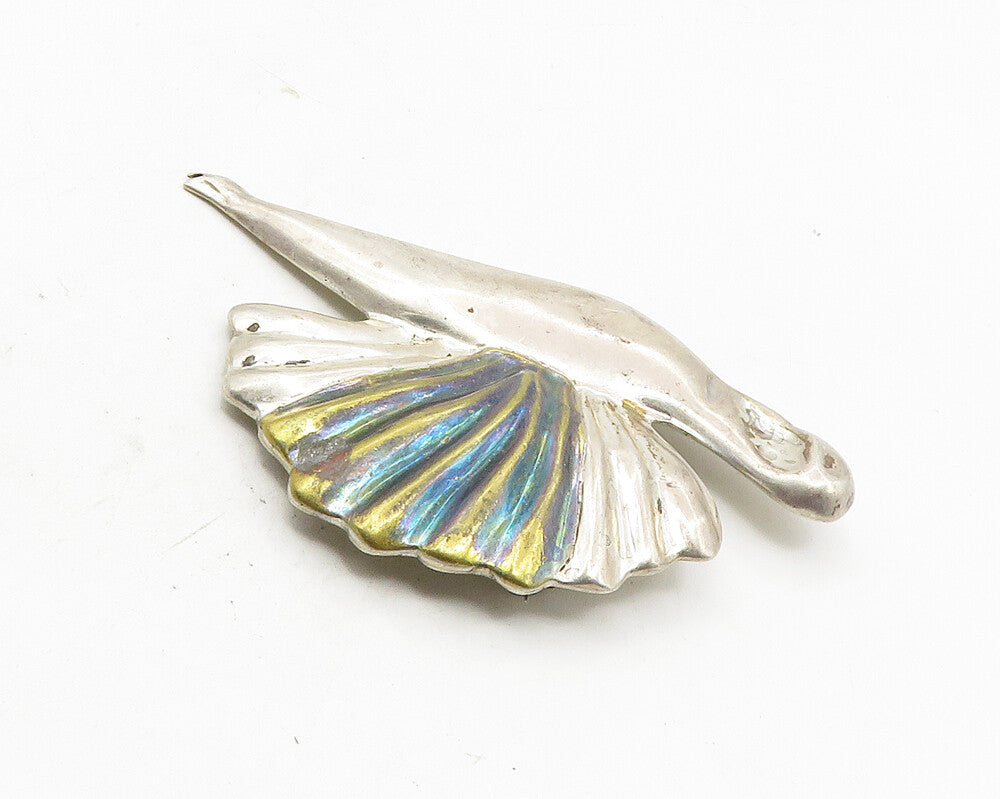 MEXICO 925 Sterling Silver  Vintage Shiny Fluted Wing Bird Brooch Pin  BP3995