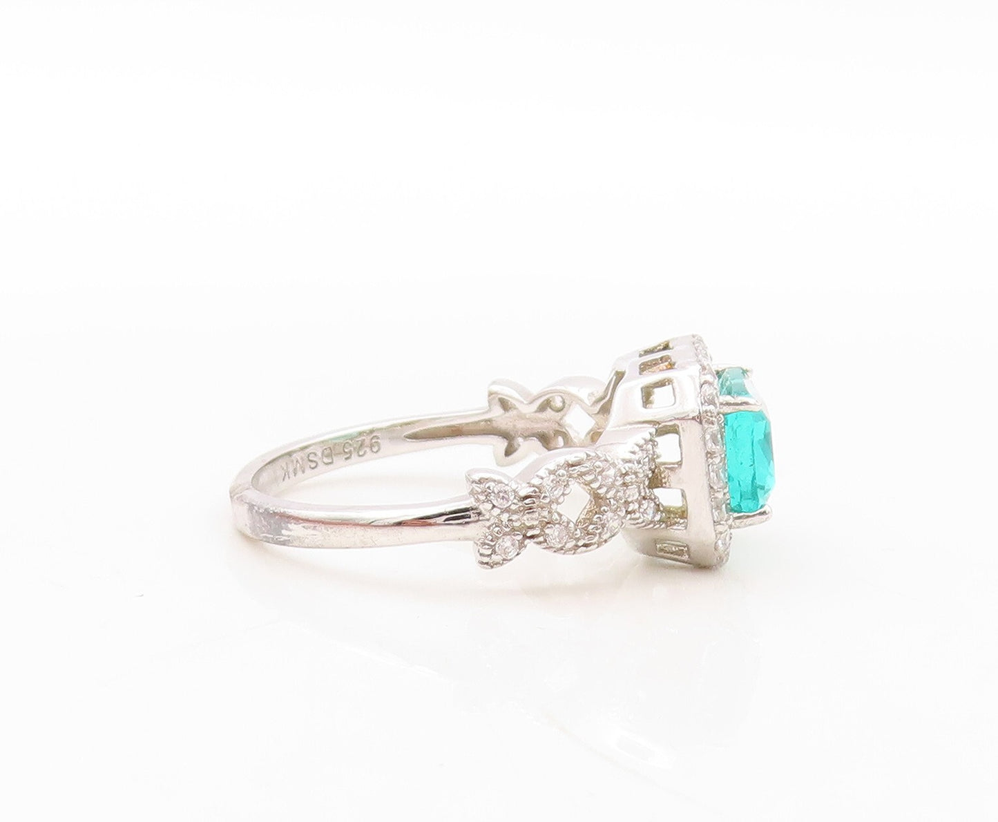 925 Sterling Silver Vintage Ring Designer Sea Blue & White CZ Inlay Sz 7 RG30896
