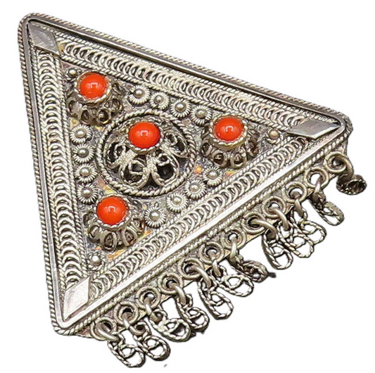 ISRAEL 925 Silver  Vintage Coral Flower Dome Triangle Dangle Brooch Pin BP9934
