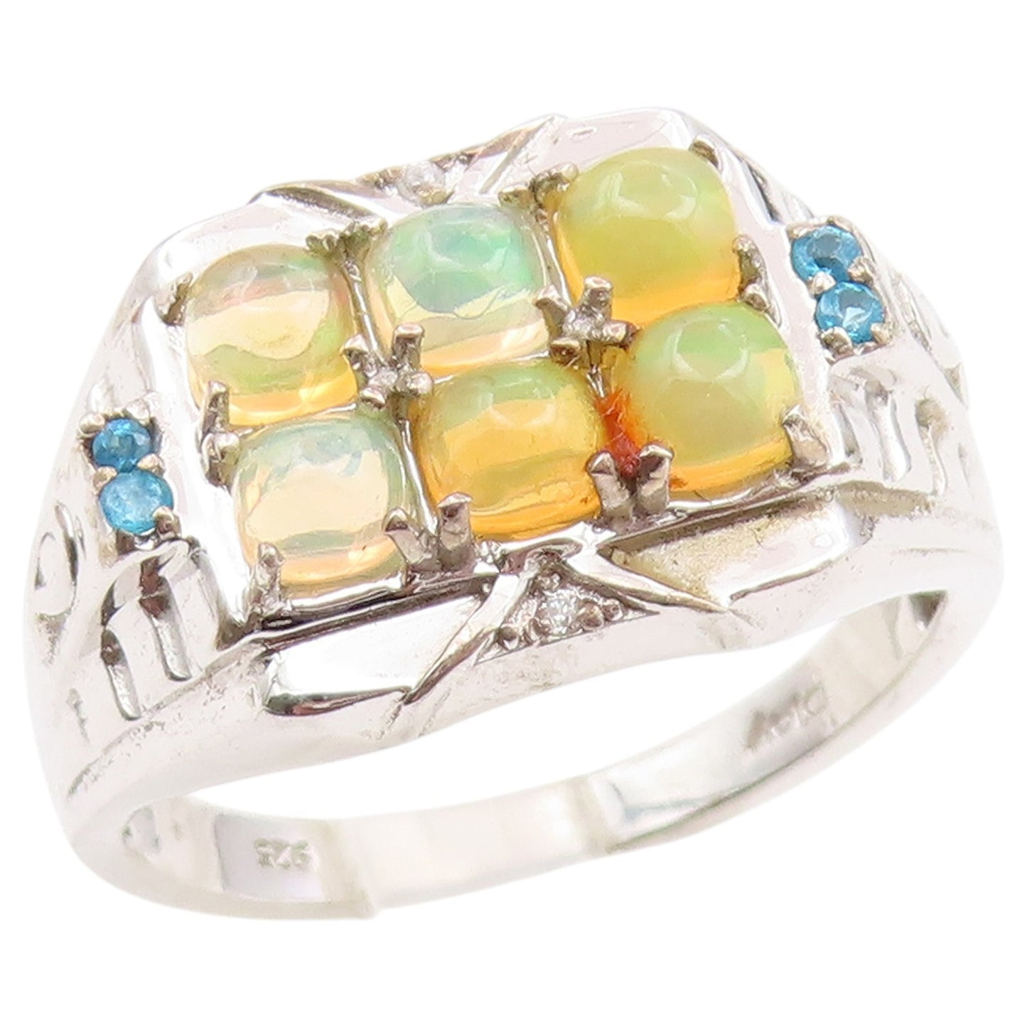 925 Sterling Silver Vintage Ring Fire Opal & Topaz Geometric Band Sz 12 RG36642