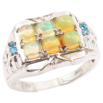 925 Sterling Silver Vintage Ring Fire Opal & Topaz Geometric Band Sz 12 RG36642