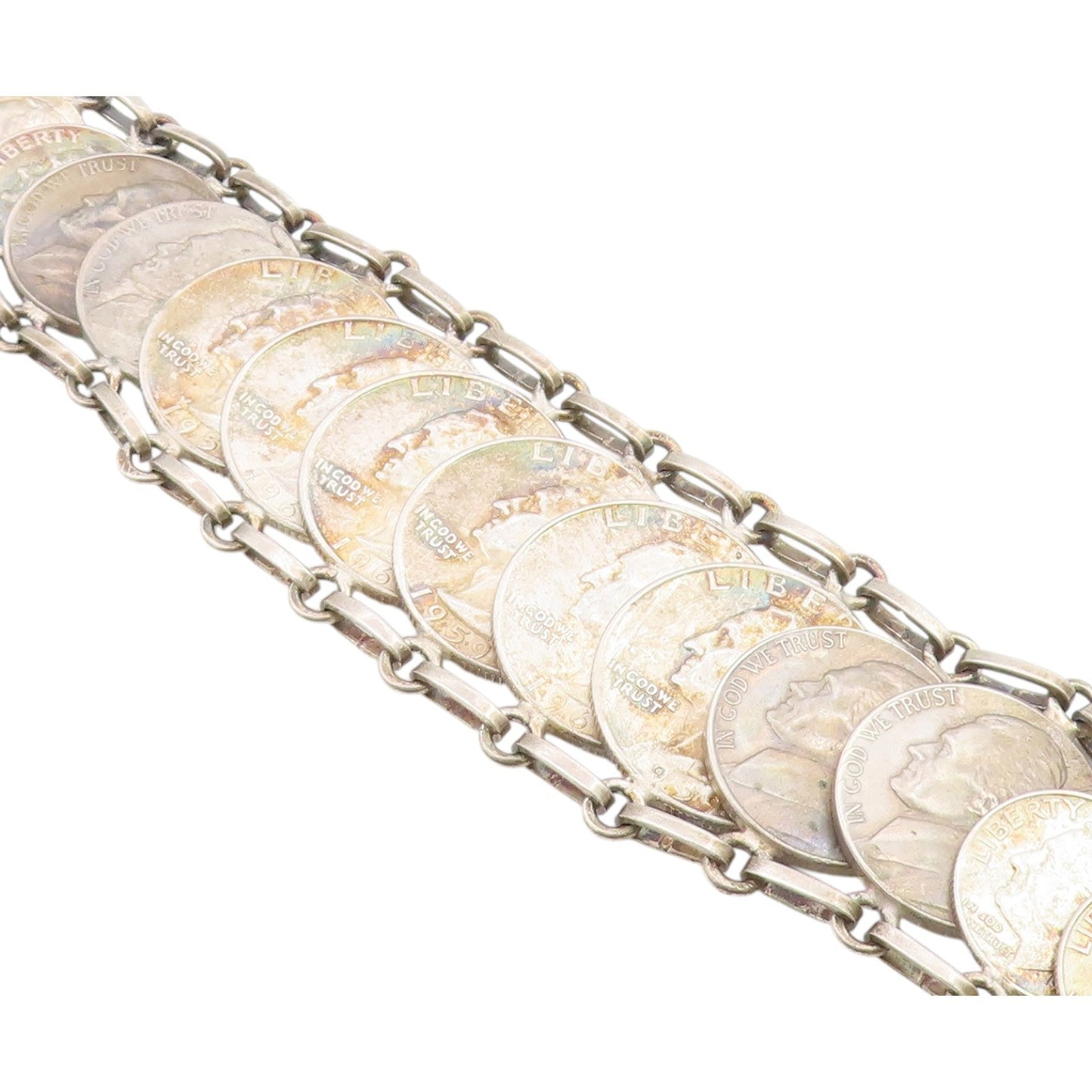 925 Sterling Silver Vintage Bracelet Articulated Liberty Multi Coin Link BT12157