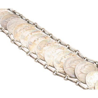 925 Sterling Silver Vintage Bracelet Articulated Liberty Multi Coin Link BT12157