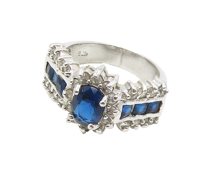 925 Sterling Silver  Shiny Blue & White Topaz Band Ring Sz 9  RG18594