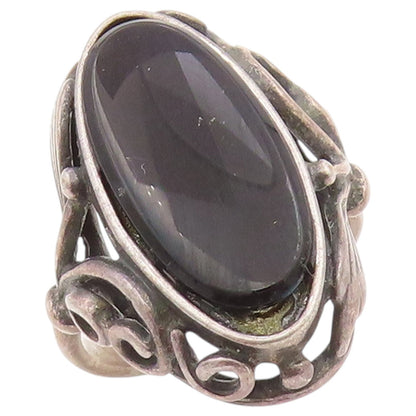 925 Sterling Silver Vintage Ring Oval Black Onyx Openwork Band  Sz 7  RG36447