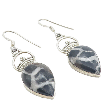 925 Sterling Silver  Vintage Tear Drop Jasper Crowned Dangle Earrings  EG3521