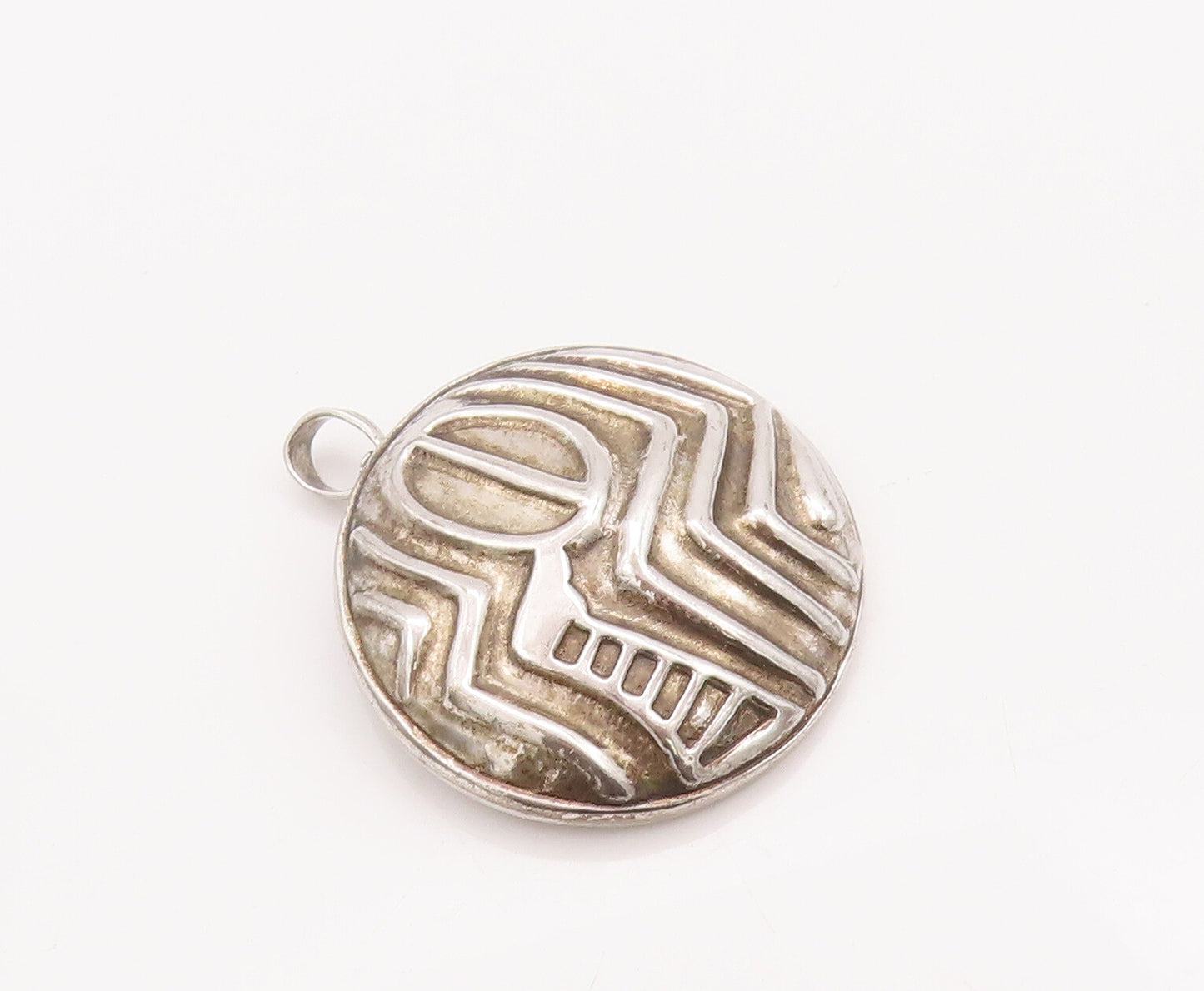 925 Sterling Silver Vintage Pendant Circular Domed Greek Design Carved  PT23028