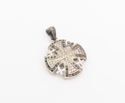 925 Sterling Silver Vintage Pendant Black & White CZ Jerusalem Cross  PT26362