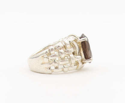 925 Sterling Silver Vintage Ring Checks Woven Effect Smokey Quartz Sz 6  RG27905