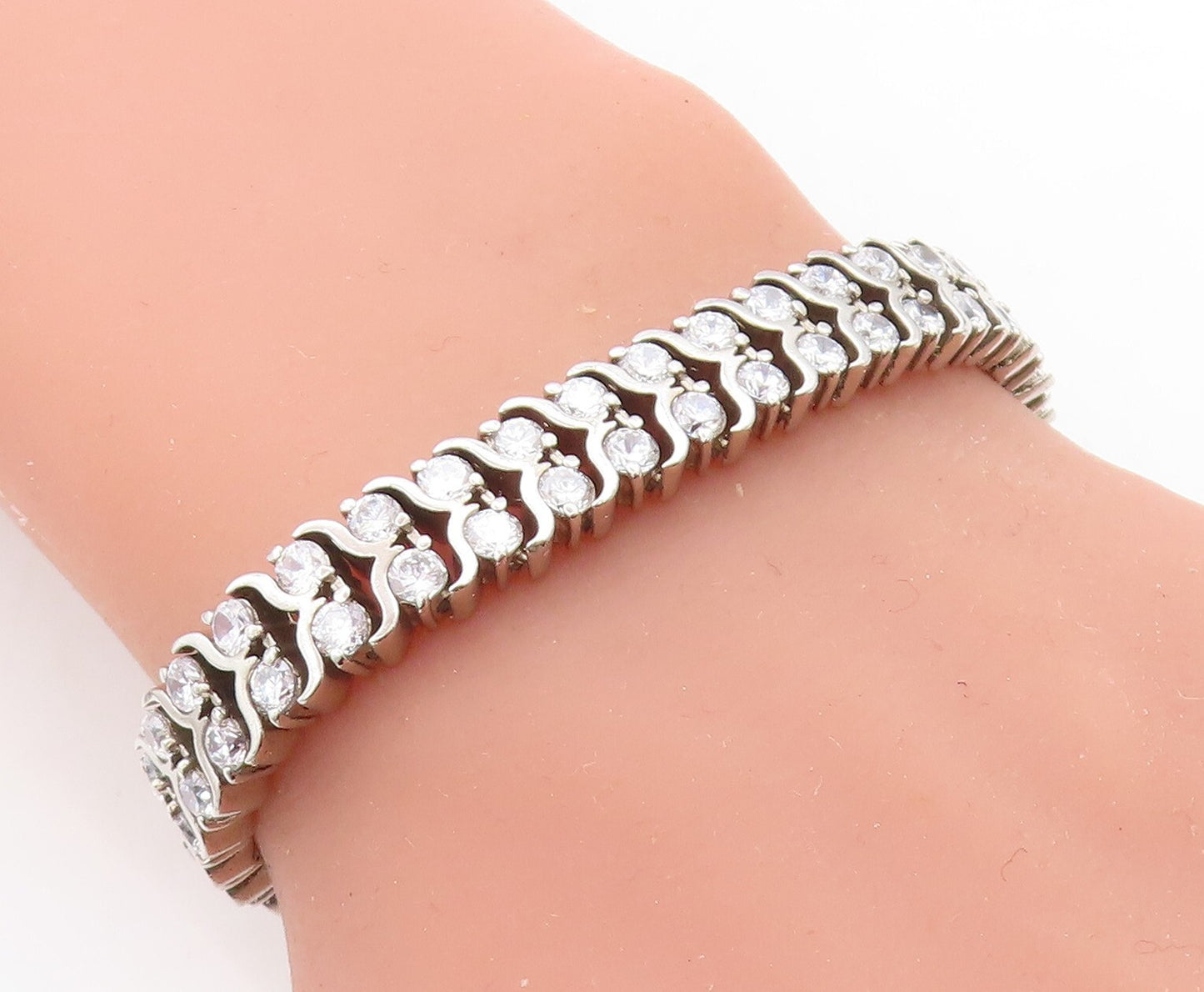 925 Sterling Silver  Vintage Cubic Zirconia Two Row Chain Bracelet  BT2364
