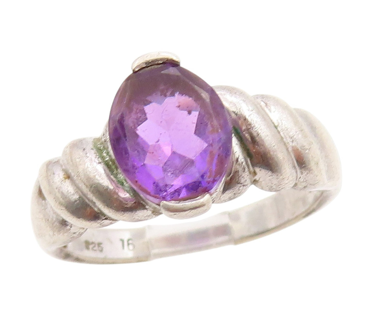 925 Sterling Silver Vintage Ring Oval Cut Amethyst Ribbed Band  Sz 7.5  RG34829