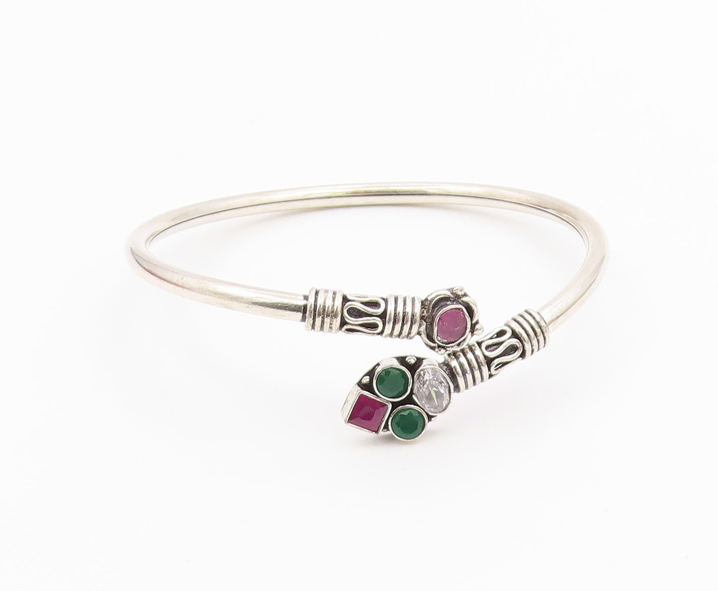925 Silver  Vintage Multi Shape Ruby Emerald & Topaz Bypass Bracelet  BT9783