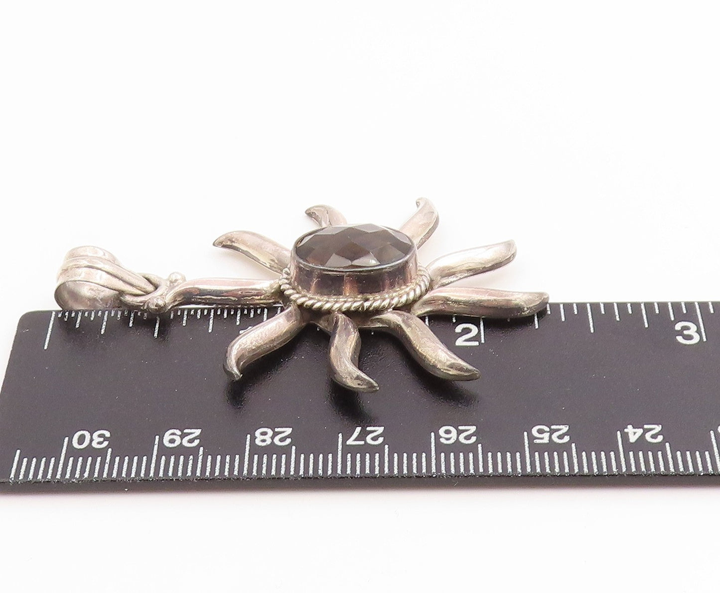 925 Sterling Silver Vintage Pendant Smoky Quartz Modernist Sunburst  PT26096