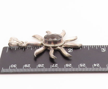925 Sterling Silver Vintage Pendant Smoky Quartz Modernist Sunburst  PT26096