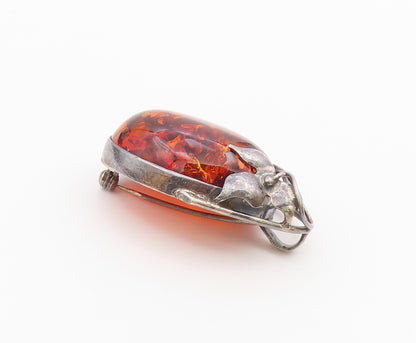925 Sterling Silver  Vintage Cabochon Cut Amber Floral Leaf Brooch Pin  BP8463
