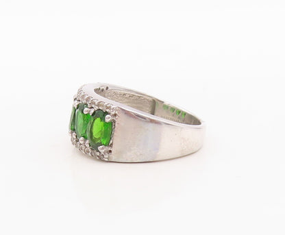 925 Sterling Silver Vintage Ring Oval Cut Green & White CZ Inlay Sz 7 RG30002