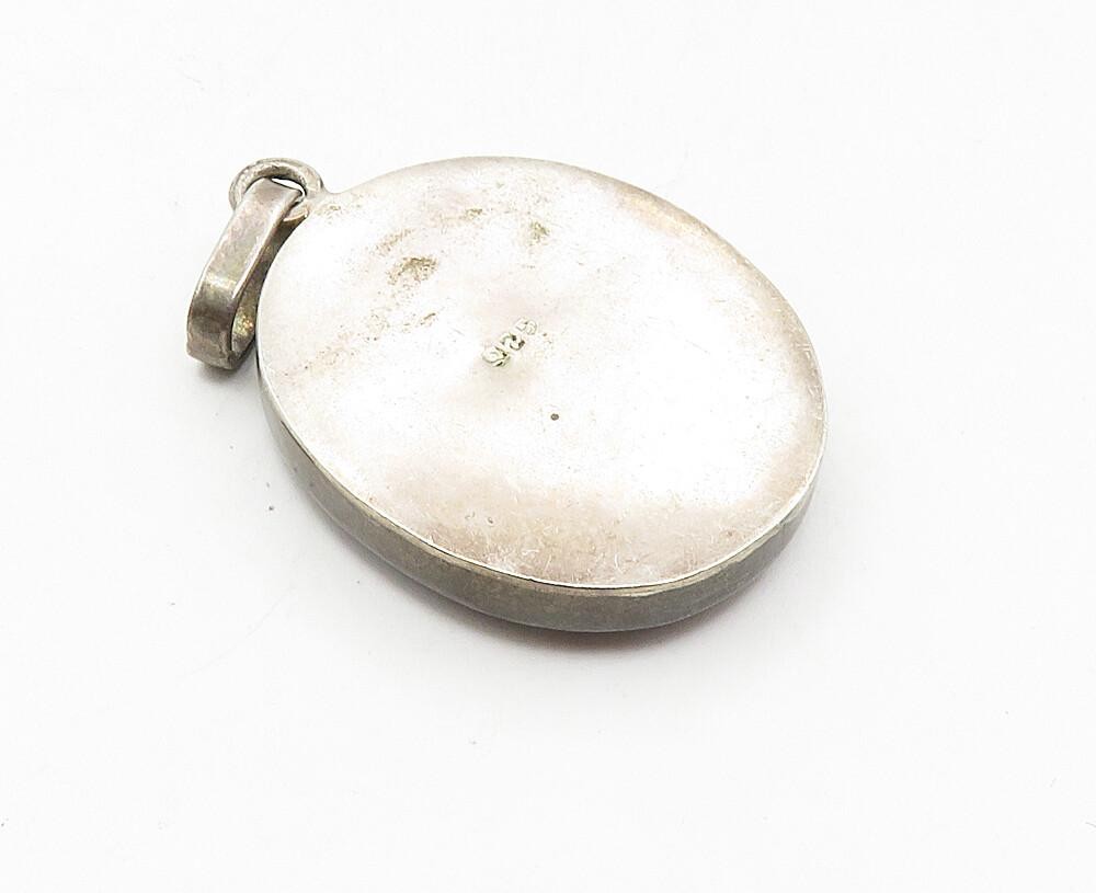 925 Sterling Silver  Vintage Glass Flower Art Oval Drop Pendant  PT7055