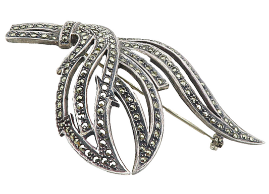 925 Sterling Silver  Vintage Sparkling Marcasite Modernist Brooch Pin  BP3109