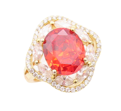 925 Sterling Silver Vintage Ring Gold Plated Red White CZ Flower Sz 7.5  RG30244