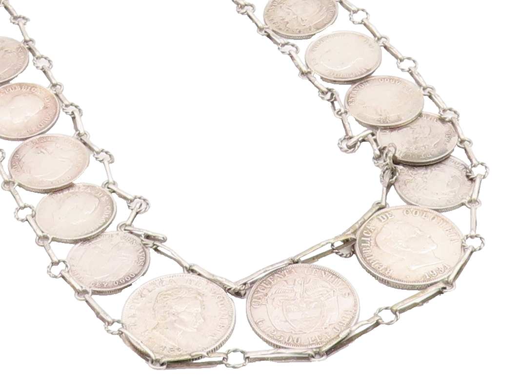 Solid Silver Vintage Necklace Columbia Centavos Long Coin Panel Link  NE4727