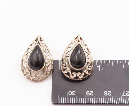 925 Sterling Silver Vintage Earrings Drop Shape Onyx Halo Swirly Carved  EG12958