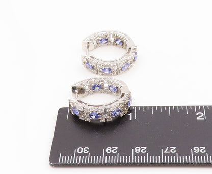 925 Sterling Silver Vintage Earrings Tanzanite Halo Sapphire Hoops  EG14335