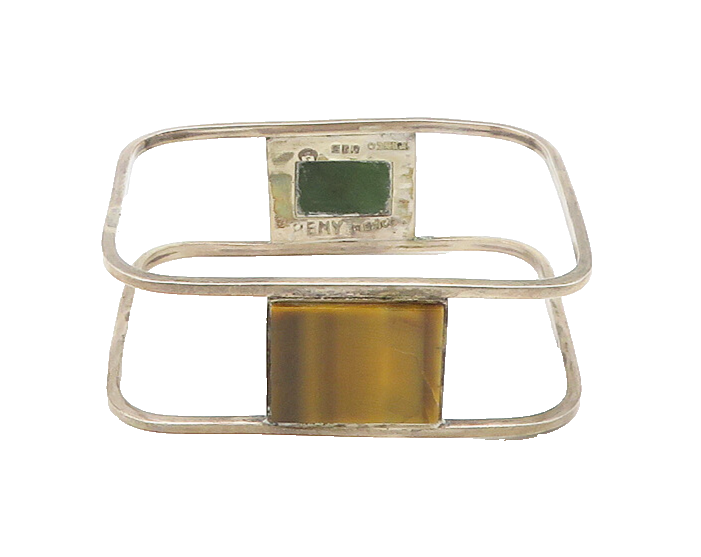 EMY MEXICO 925 Silver  Vintage Black Onyx & Tiger Eye Bangle Bracelet  BT7062