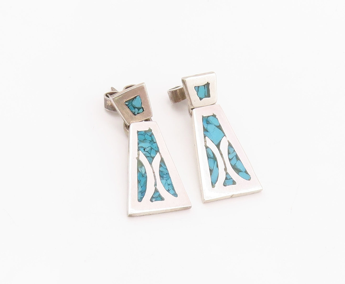 925 Sterling Silver Vintage Earrings MEXICO Crushed Turquoise Inlay  EG13618