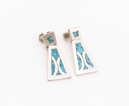 925 Sterling Silver Vintage Earrings MEXICO Crushed Turquoise Inlay  EG13618