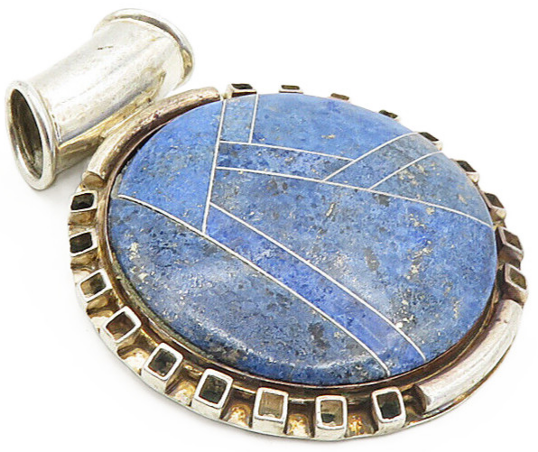 925 Sterling Silver  Vintage Lapis Lazuli Pattern Round Slide Pendant  PT6414