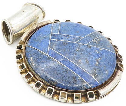 925 Sterling Silver  Vintage Lapis Lazuli Pattern Round Slide Pendant  PT6414
