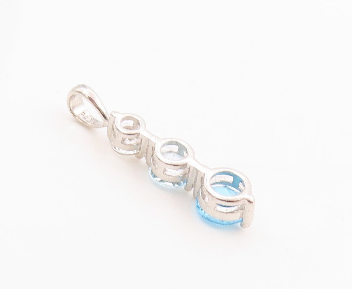 925 Sterling Silver Vintage Pendant Blue & White Topaz Three Stone Drop  PT25436