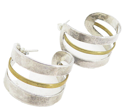 MEXICO 925 Sterling Silver Vintage Smooth Two Tone Hoop Earrings EG4414