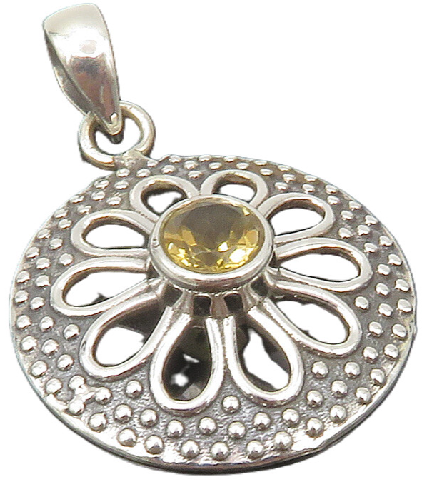 925 Sterling Silver  Shiny Topaz Centered Flower Motif Drop Pendant  PT9680