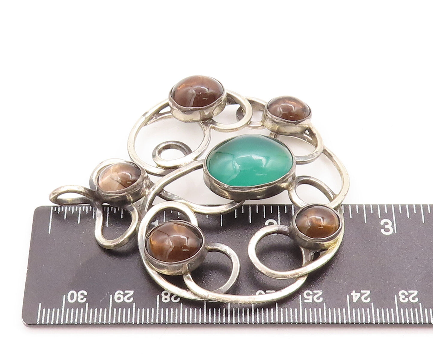 925 Sterling Silver Vintage Pendant TEPPICH ISRAEL Loop Carved Gemstones PT23114