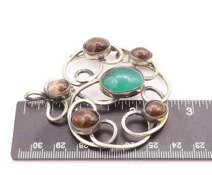 925 Sterling Silver Vintage Pendant TEPPICH ISRAEL Loop Carved Gemstones PT23114