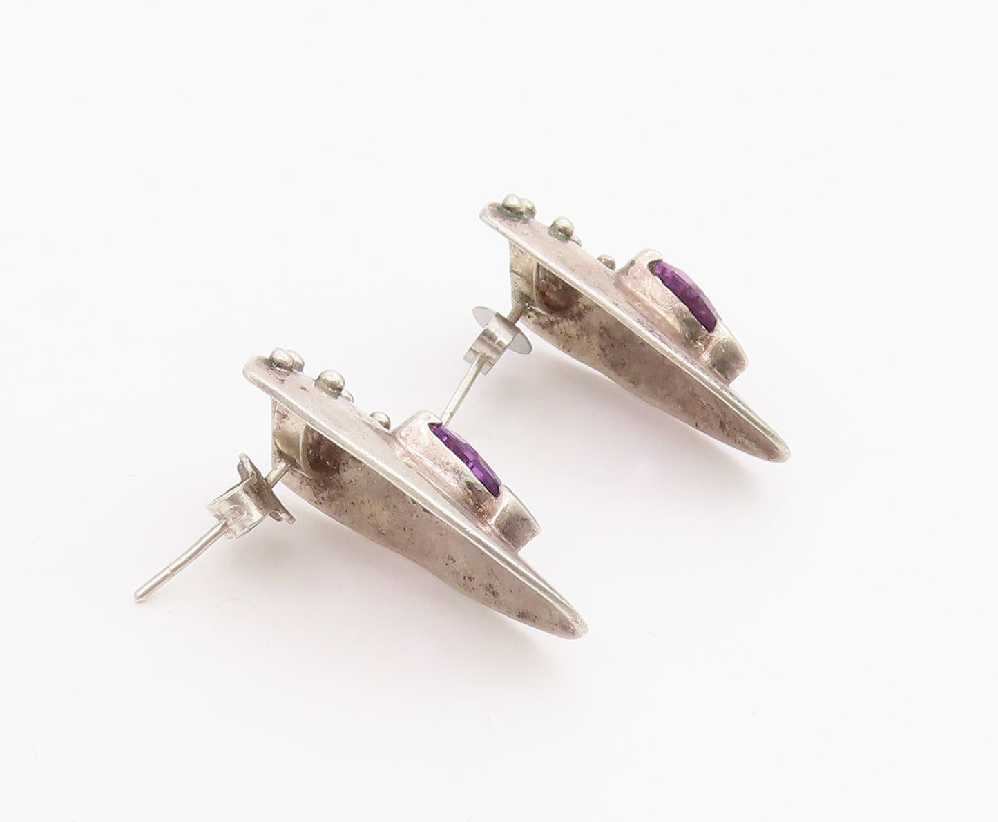 925 Sterling Silver Vintage Earrings Modernist Amethyst Shield Studs  EG13914