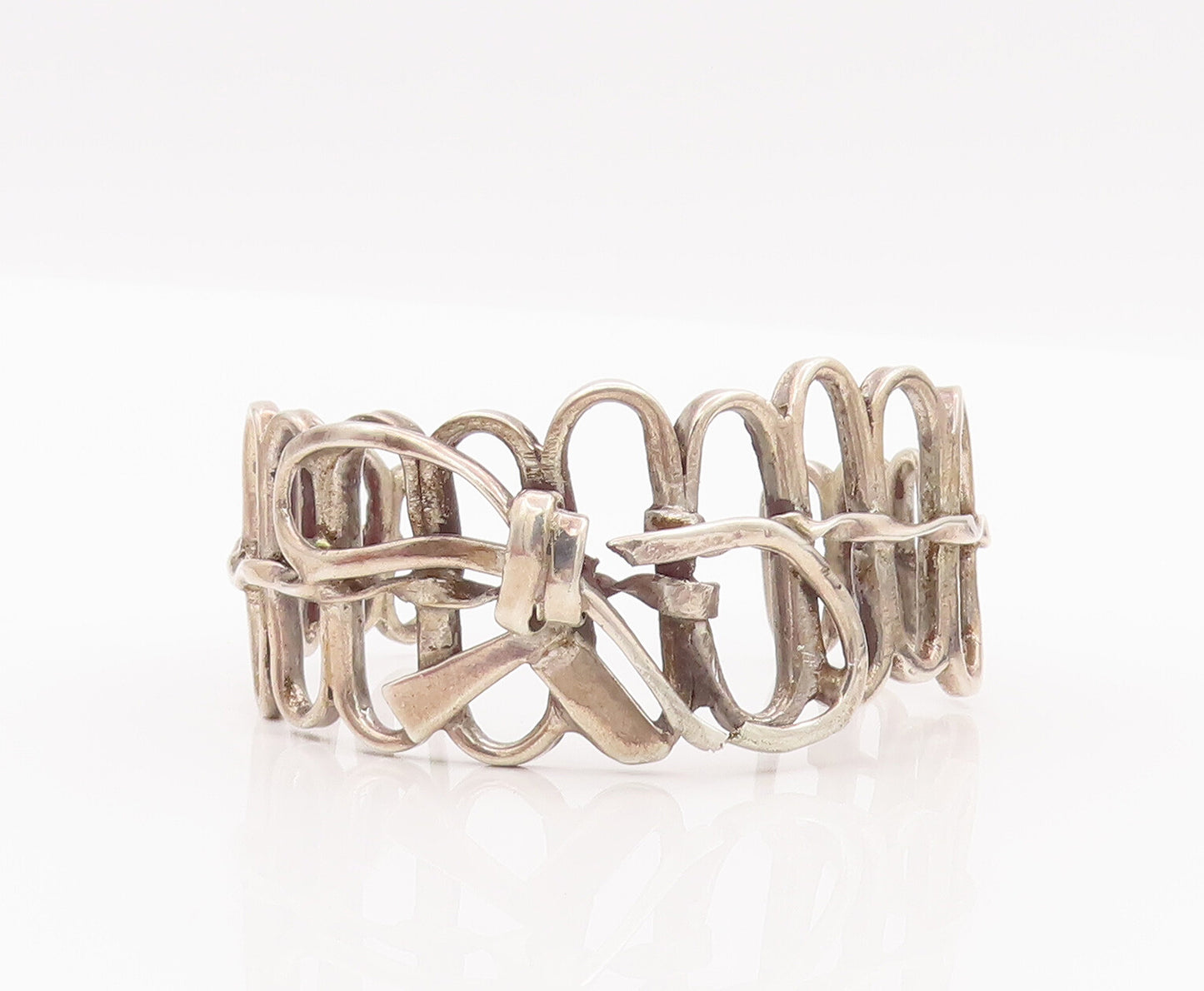 925 Sterling Silver Vintage Bracelet Solid Cutout Oval Ribboned Fence  BT10448
