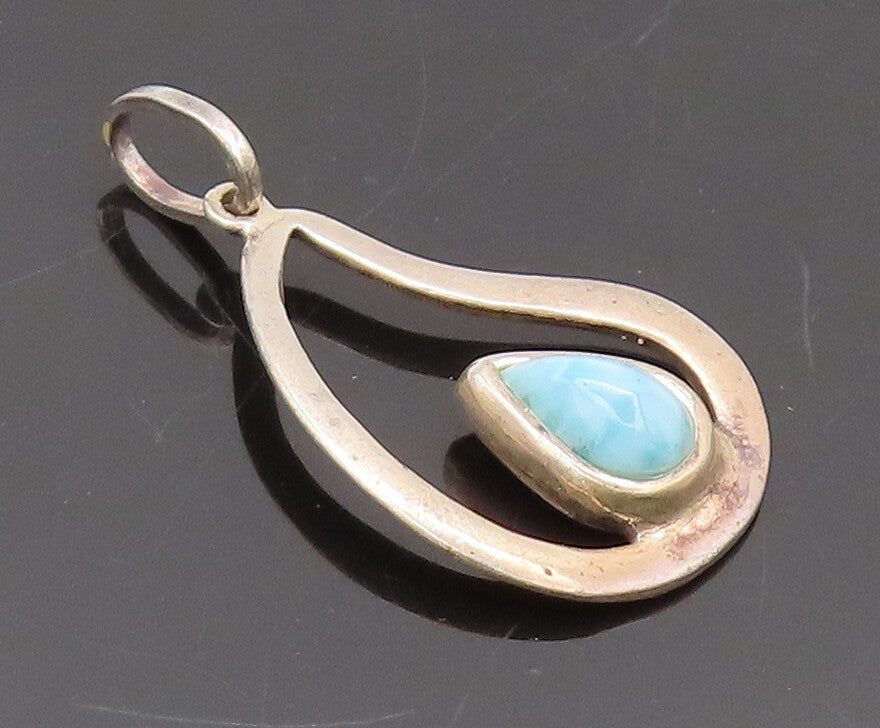 925 Sterling Silver Vintage Pendant Water Drop Shape Cutout Larimar PT22615