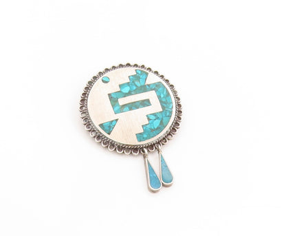 925 Sterling Silver Vintage Brooch MEXICO Aztec Crushed Turquoise Inlay  BP11858