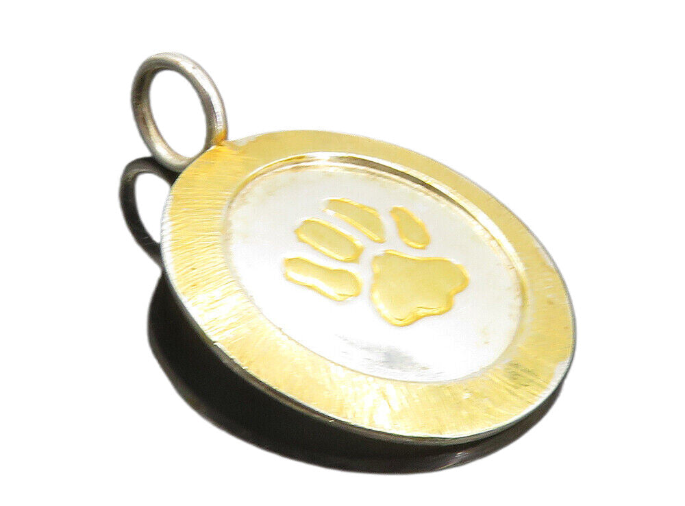 925 Sterling Silver  Vintage Shiny Two Tone Paw Print Drop Pendant  PT6418