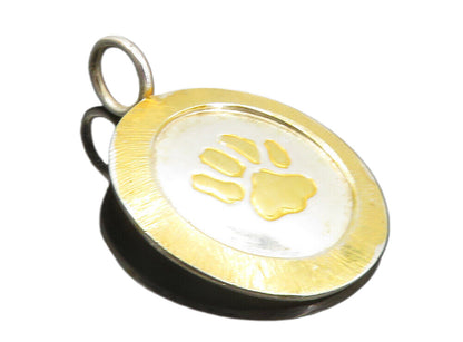 925 Sterling Silver  Vintage Shiny Two Tone Paw Print Drop Pendant  PT6418