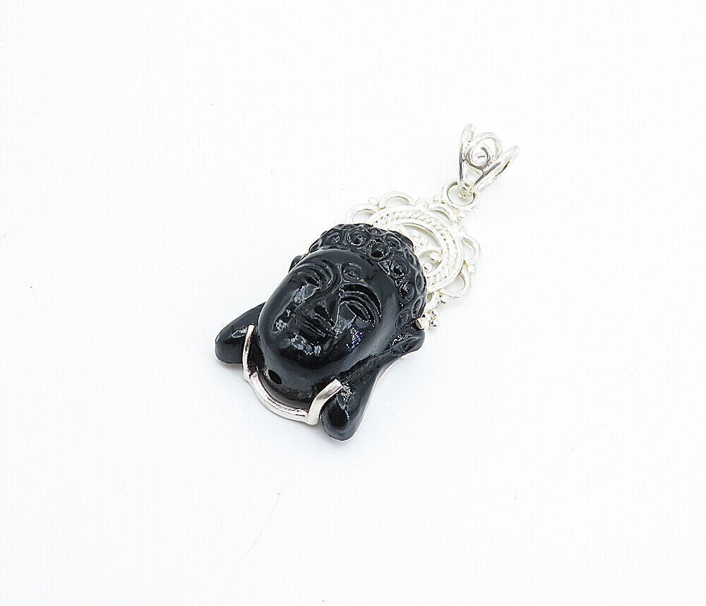 925 Sterling Silver  Face Carved Obsidian Shiny Swirl Bail Pendant  PT5915