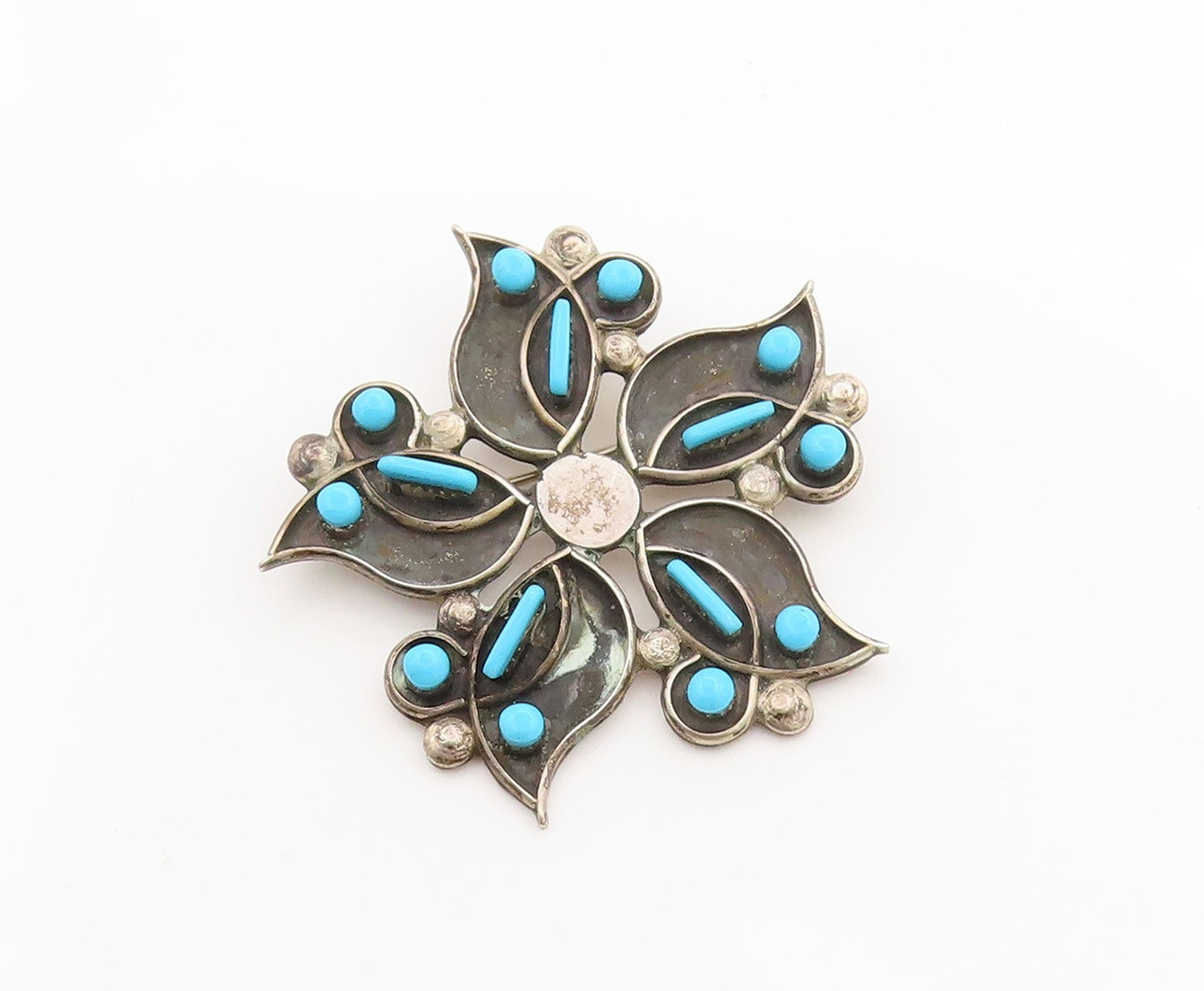 925 Sterling Silver Vintage Brooch Pin NAVAJO ZUNI Larimar Flower  BP11658