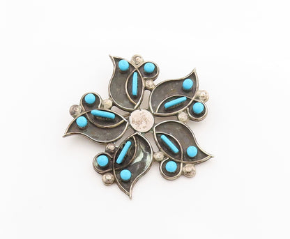 925 Sterling Silver Vintage Brooch Pin NAVAJO ZUNI Larimar Flower  BP11658