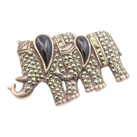 925 Sterling Silver Vintage Black Onyx & Marcasite Elephant Brooch Pin BP9646