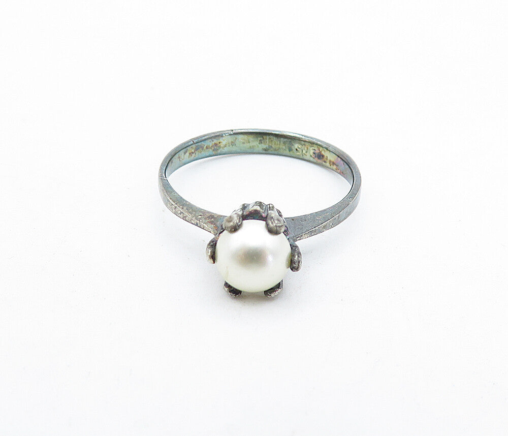 925 Sterling Silver Vintage Petite Pearl Dark Tone Solitaire Ring Sz 7 RG5197